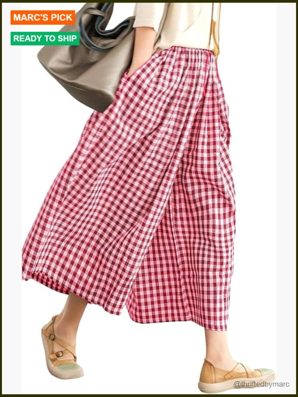 Womens Wide Leg Capri Pants Gingham Plaid Elastic Waist Palazzo Trousers Pockets